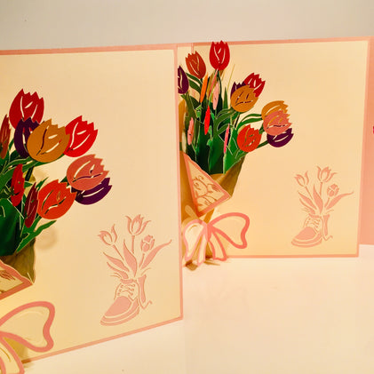 Colourful Tulip Bouquet Wrapped in Pink Ribbon Origami Pop Cards 3D Pop Up Greeting Card Happy Birthday Thank You Handmade Gift Thinking of You Blank Card for Any Occasion Happy Mother's Day Happy Father's Australiana Celebrate and Romantic