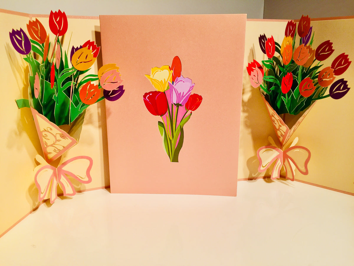 Colourful Tulip Bouquet Wrapped in Pink Ribbon Origami Pop Cards 3D Pop Up Greeting Card Happy Birthday Thank You Handmade Gift Thinking of You Blank Card for Any Occasion Happy Mother's Day Happy Father's Australiana Celebrate and Romantic