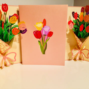 Colourful Tulip Bouquet Wrapped in Pink Ribbon Origami Pop Cards 3D Pop Up Greeting Card Happy Birthday Thank You Handmade Gift Thinking of You Blank Card for Any Occasion Happy Mother's Day Happy Father's Australiana Celebrate and Romantic