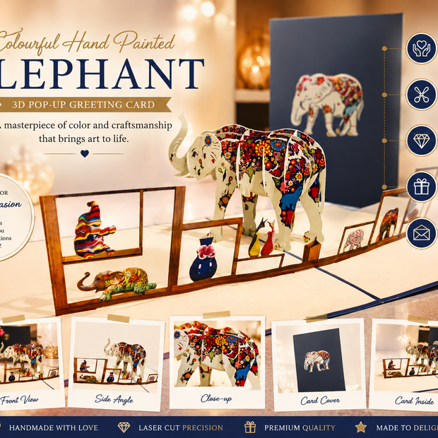 Colourful Hand Painted Elephant Origami Pop Cards 3D Pop Up Greeting Card Thank You Handmade Gift Thinking of You Happy Birthday Occasion Australiana Celebrate the Beauty and Happiness During Special Day Best Wishes Gift