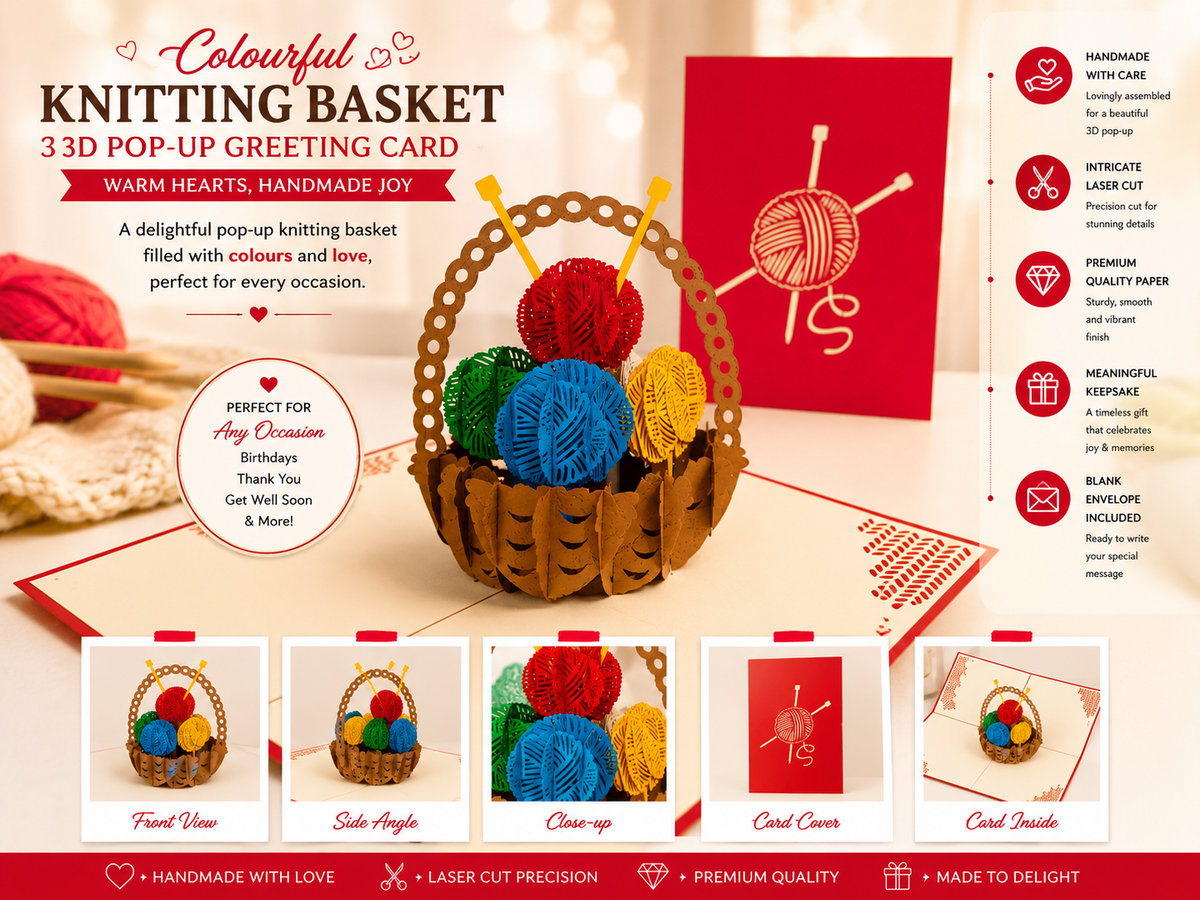 Colourful Knitting Basket in Red Origami Pop Cards 3D Pop Up Greeting Card Thank You Handmade Gift Thinking of You Happy Birthday Occasion Australiana Celebrate the Beauty and Happiness During Special Day Best Wishes Gift