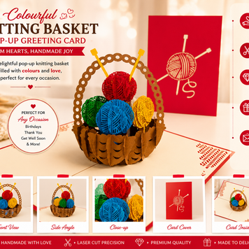 Colourful Knitting Basket in Red Origami Pop Cards 3D Pop Up Greeting Card Thank You Handmade Gift Thinking of You Happy Birthday Occasion Australiana Celebrate the Beauty and Happiness During Special Day Best Wishes Gift