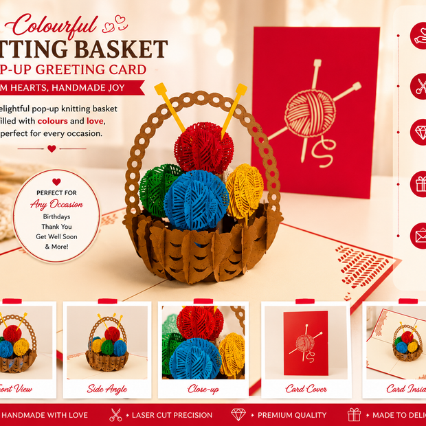 Colourful Knitting Basket in Red Origami Pop Cards 3D Pop Up Greeting Card Thank You Handmade Gift Thinking of You Happy Birthday Occasion Australiana Celebrate the Beauty and Happiness During Special Day Best Wishes Gift