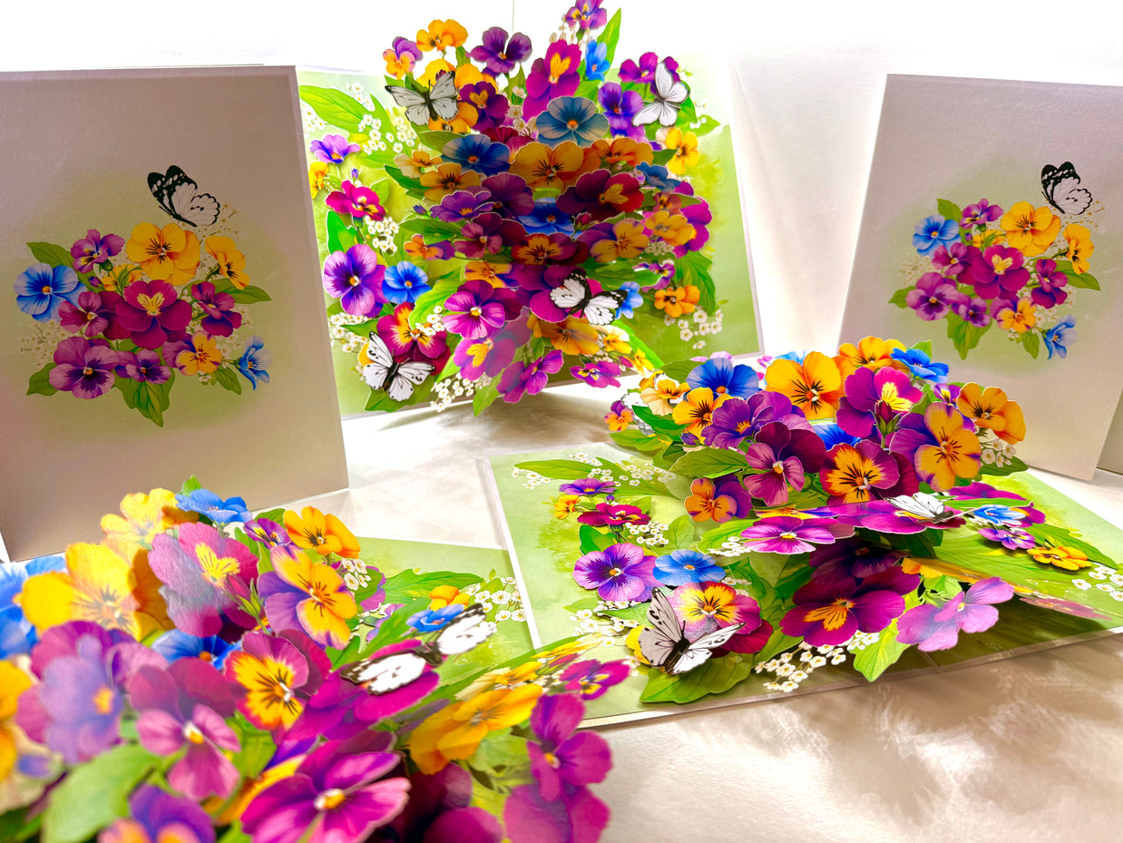 Colourful Pansy Flower Garden with Butterflies Origami Pop Cards 3D Pop Up Greeting Card Happy Birthday Thank You Handmade Gift Thinking of You Blank Card for Any Occasion Happy Mother's Day Happy Father's Australiana Celebrate the Beauty of Autumn Flowe