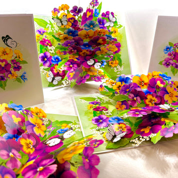 Colourful Pansy Flower Garden with Butterflies Origami Pop Cards 3D Pop Up Greeting Card Happy Birthday Thank You Handmade Gift Thinking of You Blank Card for Any Occasion Happy Mother's Day Happy Father's Australiana Celebrate the Beauty of Autumn Flowe