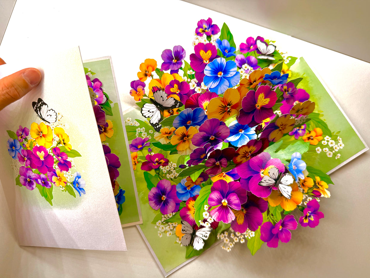 Colourful Pansy Flower Garden with Butterflies Origami Pop Cards 3D Pop Up Greeting Card Happy Birthday Thank You Handmade Gift Thinking of You Blank Card for Any Occasion Happy Mother's Day Happy Father's Australiana Celebrate the Beauty of Autumn Flowe