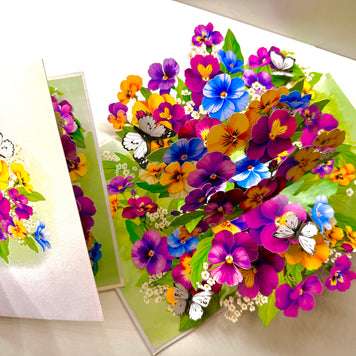 Colourful Pansy Flower Garden with Butterflies Origami Pop Cards 3D Pop Up Greeting Card Happy Birthday Thank You Handmade Gift Thinking of You Blank Card for Any Occasion Happy Mother's Day Happy Father's Australiana Celebrate the Beauty of Autumn Flowe