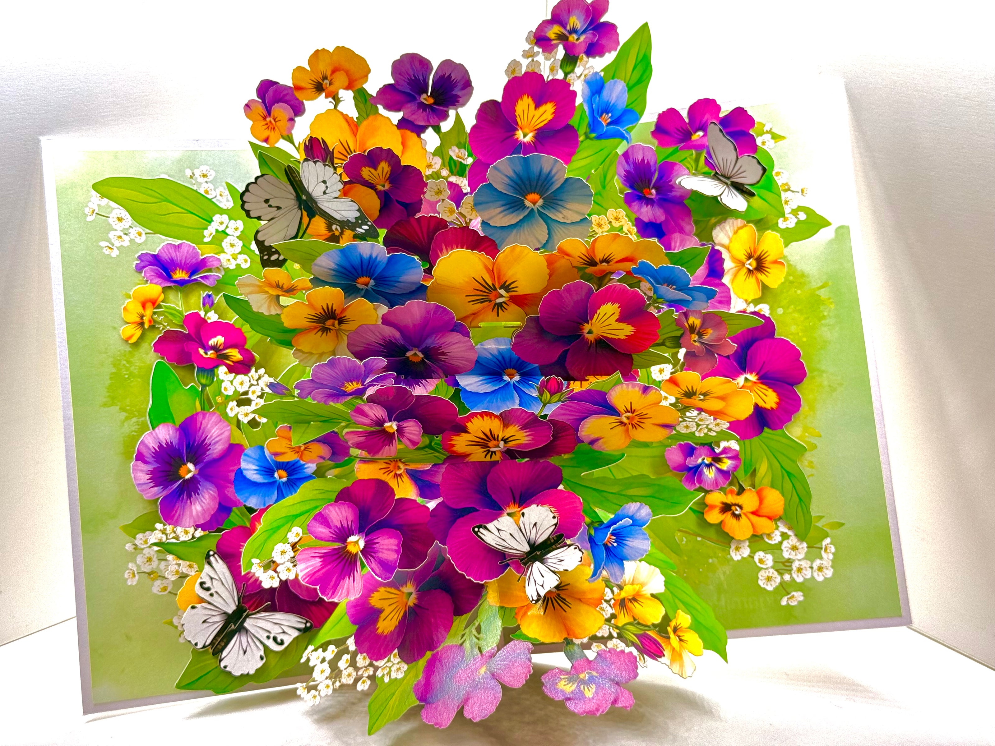 Colourful Pansy Flower Garden with Butterflies Origami Pop Cards 3D Pop Up Greeting Card Happy Birthday Thank You Handmade Gift Thinking of You Blank Card for Any Occasion Happy Mother's Day Happy Father's Australiana Celebrate the Beauty of Autumn Flowe