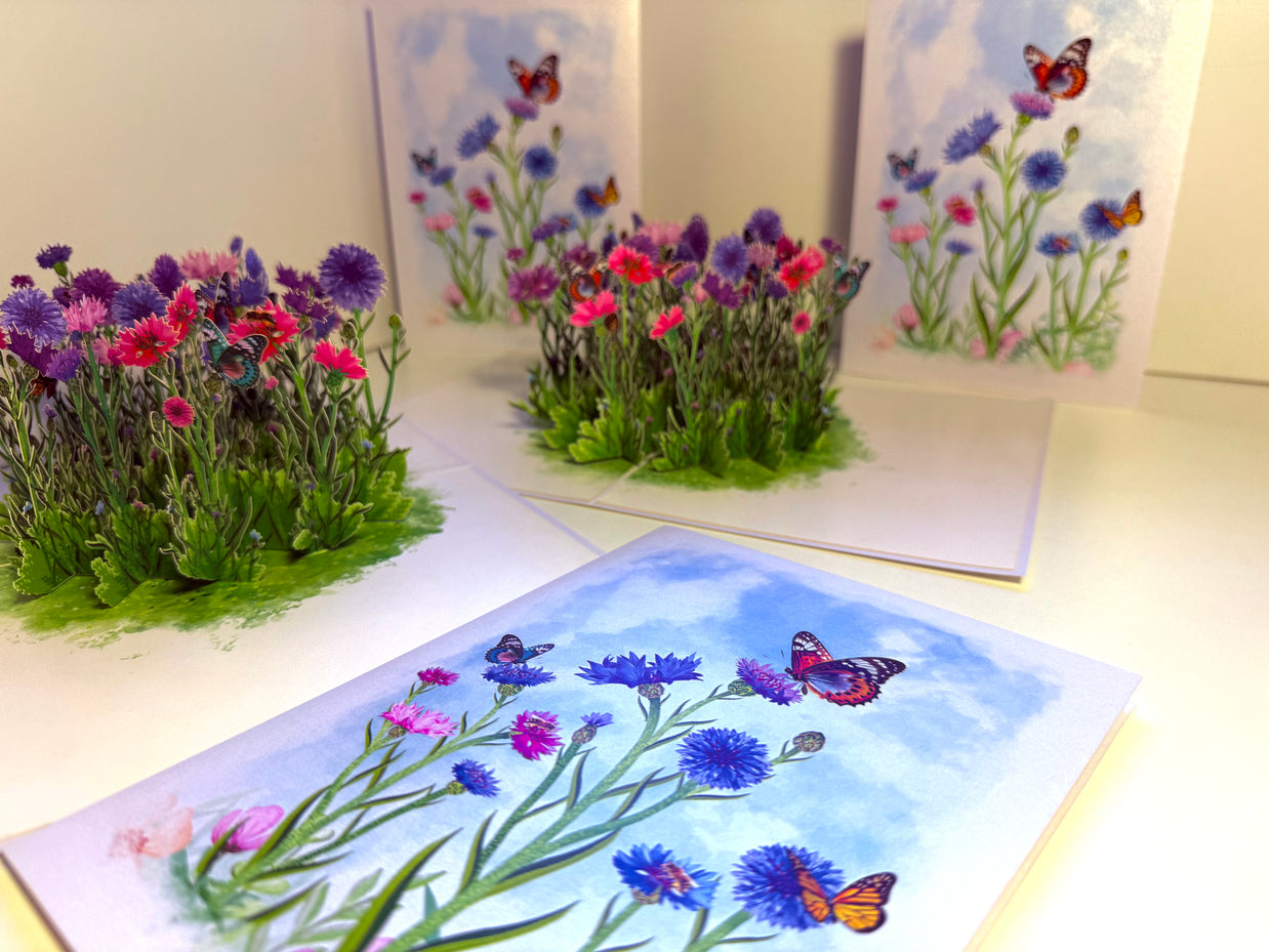 Cornflower Garden with Butterflies Origami Pop Cards 3D Pop Up Greeting Card Happy Birthday Thank You Handmade Gift Thinking of You Blank Card for Any Occasion Happy Mother's Day Happy Father's Australiana Celebrate the Beauty of Flower