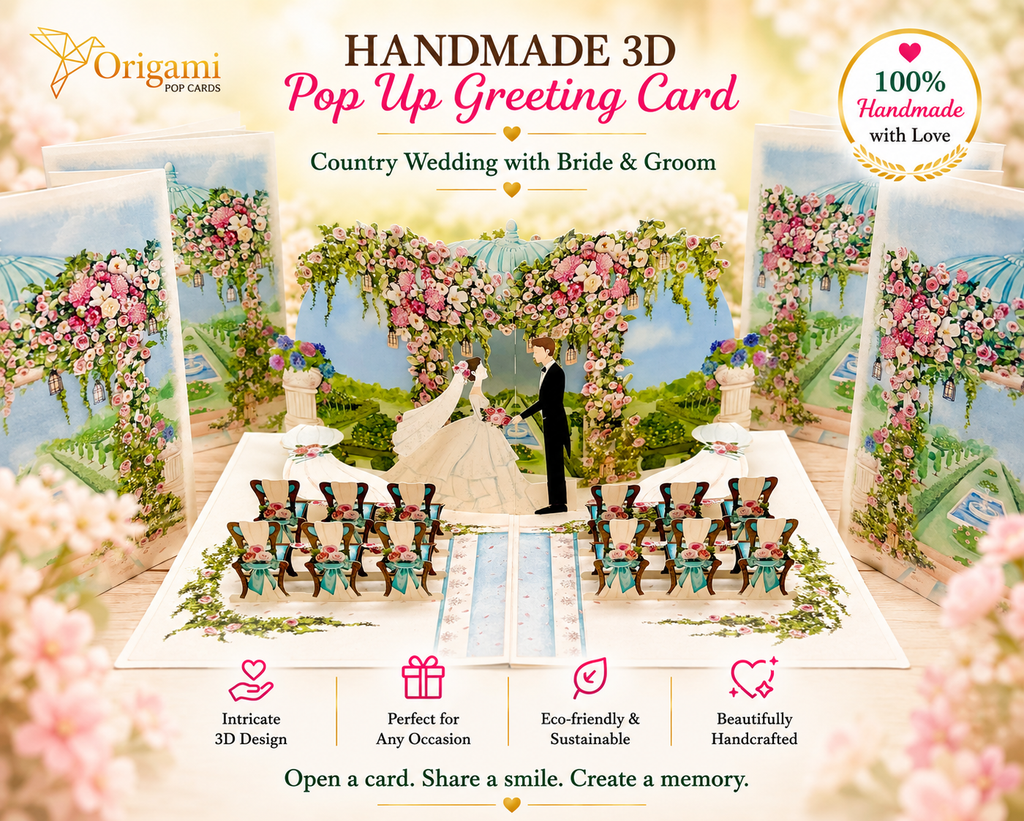 Country Wedding with Bride & Groom 3D POP UP GREETING CARD - Created by Origami Pop Cards – 3D Pop Up Greeting Cards, Australian Design & Handmade, 3D Pop Up Magical Paper Cards, Handmade Pop Up Cards Celebrate Love Anniversary Heart Fell and Romantic