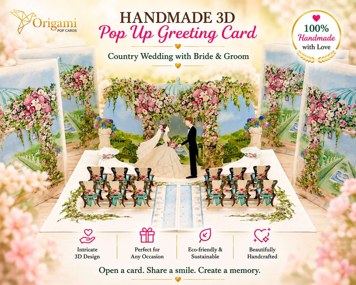 Country Wedding with Bride & Groom 3D POP UP GREETING CARD - Created by Origami Pop Cards – 3D Pop Up Greeting Cards, Australian Design & Handmade, 3D Pop Up Magical Paper Cards, Handmade Pop Up Cards Celebrate Love Anniversary Heart Fell and Romantic