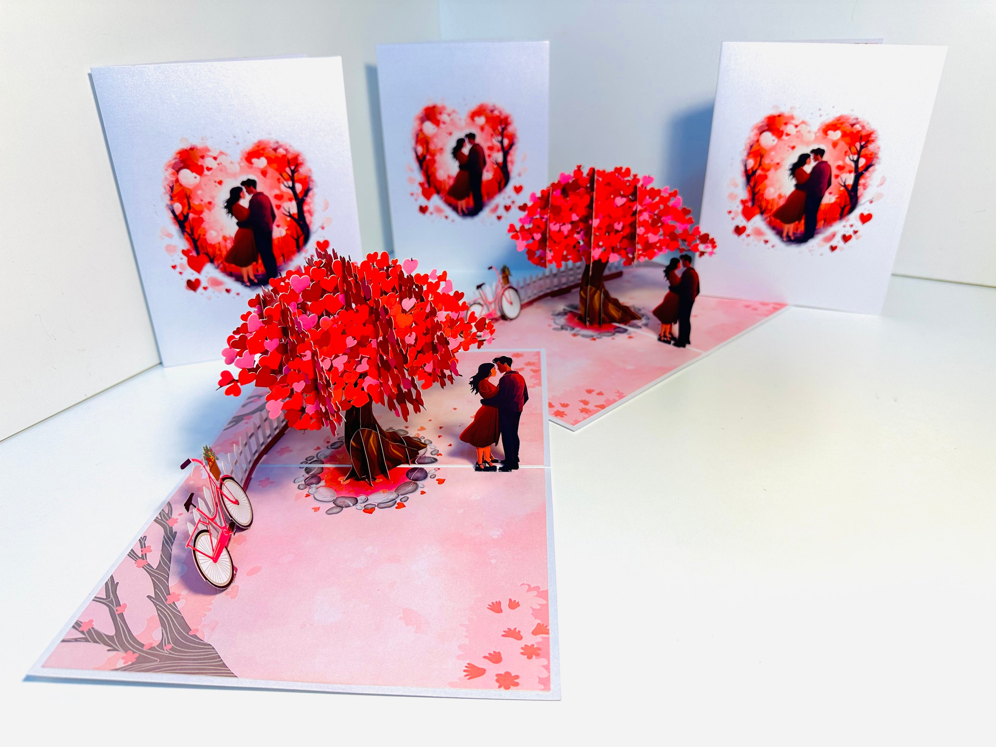 Couple in Love under a Hot Pink Love Heart Cherry Blossom Tree 3D POP UP GREETING CARD - Created by Origami Pop Cards Australian Design & Handmade 3D Pop Up Magical Paper Cards, Handmade Pop Up Cards Celebrate Love Anniversary Heart Fell and Romantic