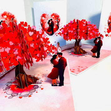 Couple in Love under a Hot Pink Love Heart Cherry Blossom Tree 3D POP UP GREETING CARD - Created by Origami Pop Cards Australian Design & Handmade 3D Pop Up Magical Paper Cards, Handmade Pop Up Cards Celebrate Love Anniversary Heart Fell and Romantic