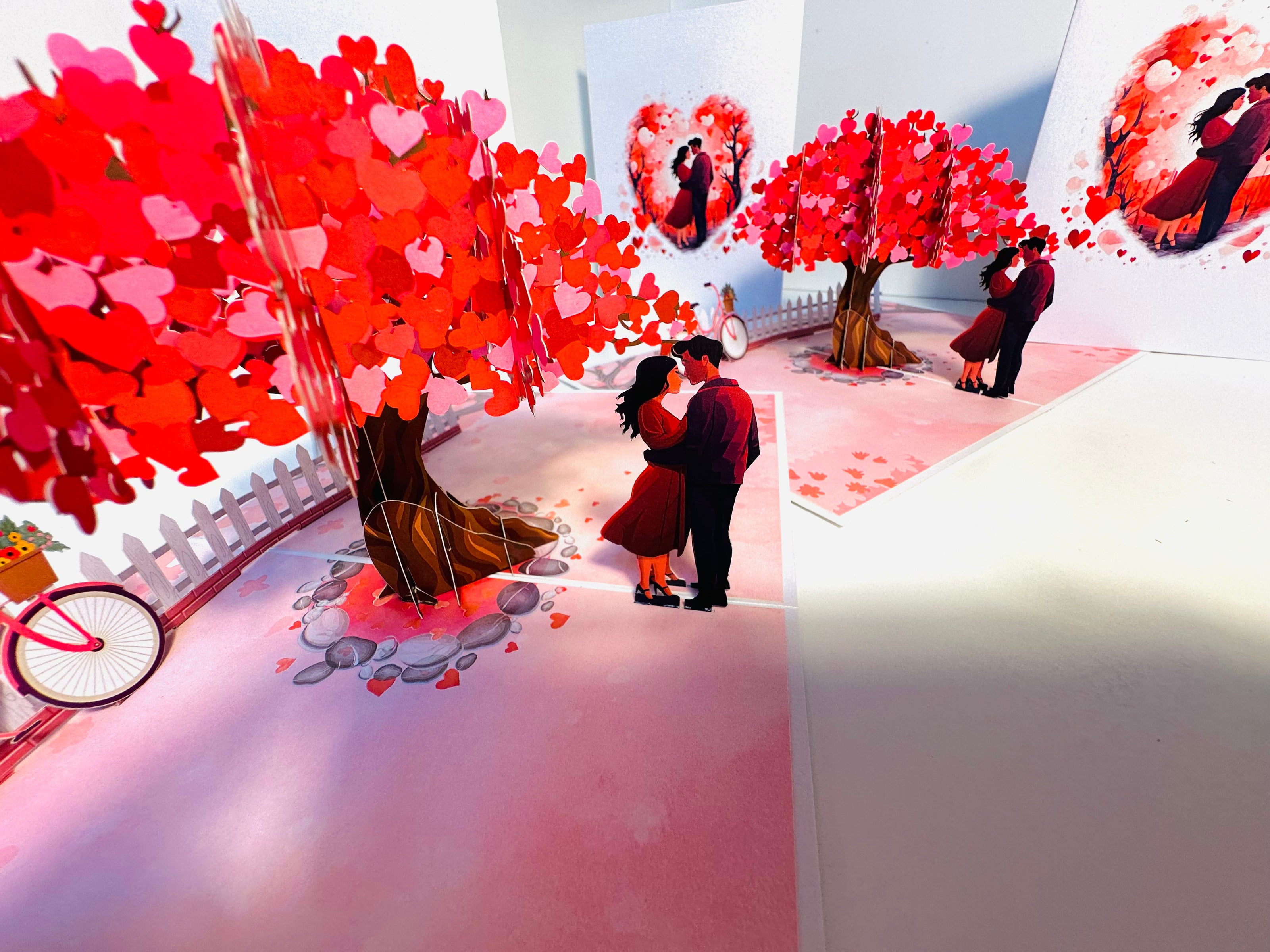 Couple in Love under a Hot Pink Love Heart Cherry Blossom Tree 3D POP UP GREETING CARD - Created by Origami Pop Cards Australian Design & Handmade 3D Pop Up Magical Paper Cards, Handmade Pop Up Cards Celebrate Love Anniversary Heart Fell and Romantic