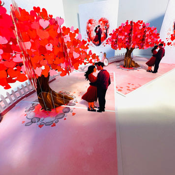 Couple in Love under a Hot Pink Love Heart Cherry Blossom Tree 3D POP UP GREETING CARD - Created by Origami Pop Cards Australian Design & Handmade 3D Pop Up Magical Paper Cards, Handmade Pop Up Cards Celebrate Love Anniversary Heart Fell and Romantic