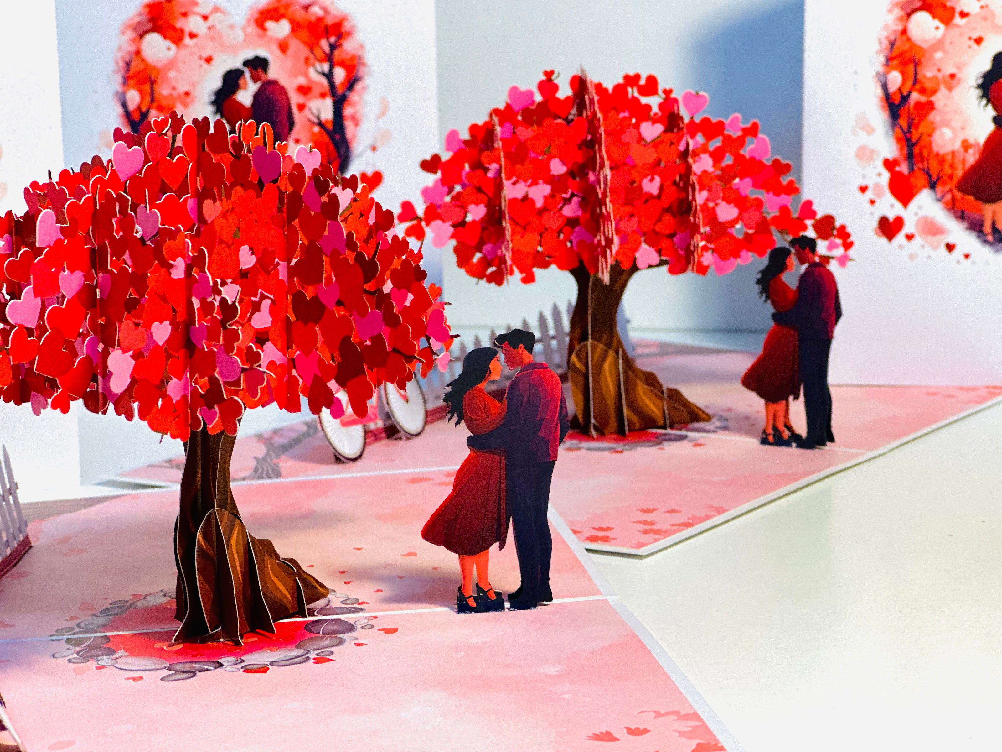 Couple in Love under a Hot Pink Love Heart Cherry Blossom Tree 3D POP UP GREETING CARD - Created by Origami Pop Cards Australian Design & Handmade 3D Pop Up Magical Paper Cards, Handmade Pop Up Cards Celebrate Love Anniversary Heart Fell and Romantic