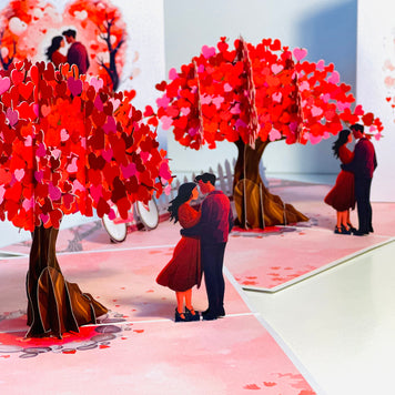 Couple in Love under a Hot Pink Love Heart Cherry Blossom Tree 3D POP UP GREETING CARD - Created by Origami Pop Cards Australian Design & Handmade 3D Pop Up Magical Paper Cards, Handmade Pop Up Cards Celebrate Love Anniversary Heart Fell and Romantic