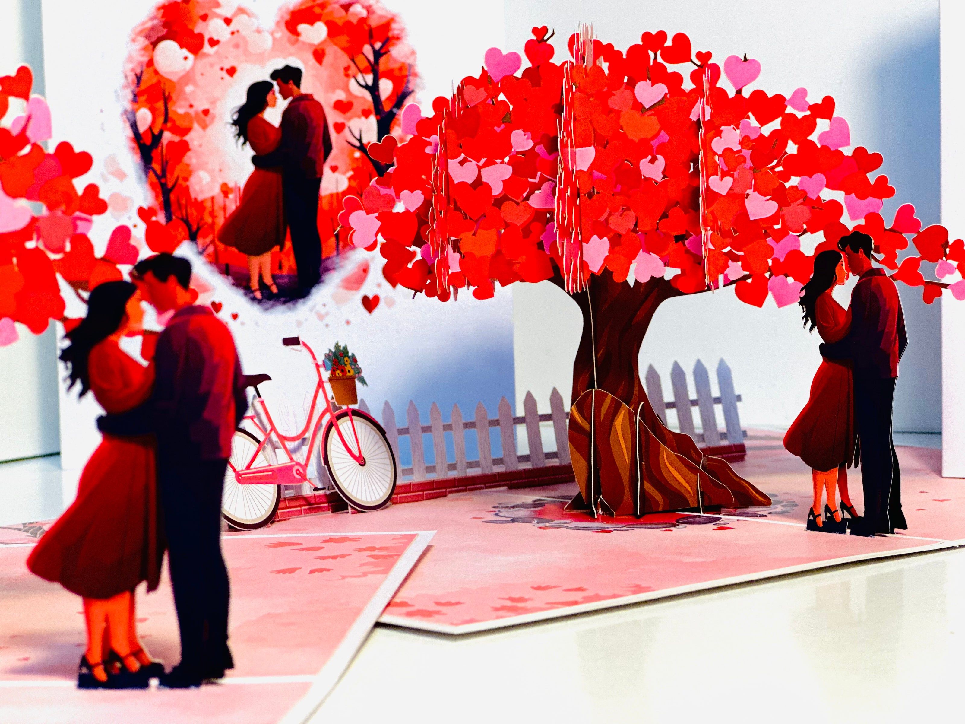 Couple in Love under a Hot Pink Love Heart Cherry Blossom Tree 3D POP UP GREETING CARD - Created by Origami Pop Cards Australian Design & Handmade 3D Pop Up Magical Paper Cards, Handmade Pop Up Cards Celebrate Love Anniversary Heart Fell and Romantic