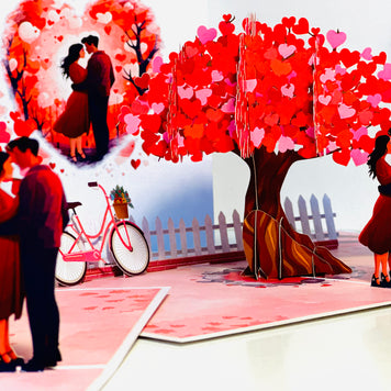 Couple in Love under a Hot Pink Love Heart Cherry Blossom Tree 3D POP UP GREETING CARD - Created by Origami Pop Cards Australian Design & Handmade 3D Pop Up Magical Paper Cards, Handmade Pop Up Cards Celebrate Love Anniversary Heart Fell and Romantic