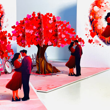 Couple in Love under a Hot Pink Love Heart Cherry Blossom Tree 3D POP UP GREETING CARD - Created by Origami Pop Cards Australian Design & Handmade 3D Pop Up Magical Paper Cards, Handmade Pop Up Cards Celebrate Love Anniversary Heart Fell and Romantic