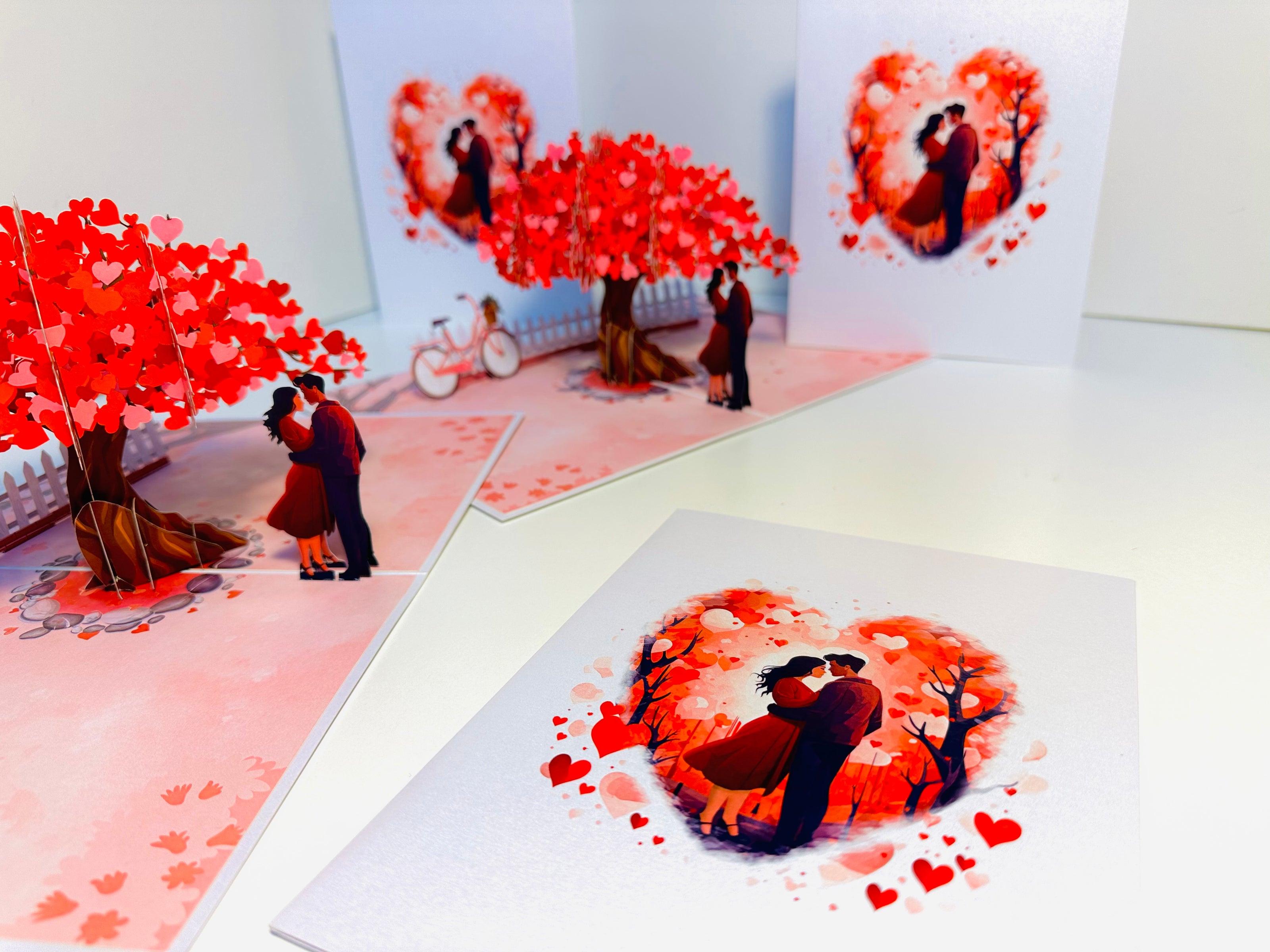 Couple in Love under a Hot Pink Love Heart Cherry Blossom Tree 3D POP UP GREETING CARD - Created by Origami Pop Cards Australian Design & Handmade 3D Pop Up Magical Paper Cards, Handmade Pop Up Cards Celebrate Love Anniversary Heart Fell and Romantic