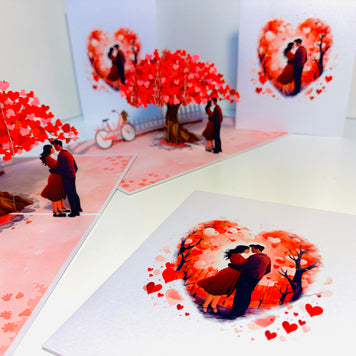 Couple in Love under a Hot Pink Love Heart Cherry Blossom Tree 3D POP UP GREETING CARD - Created by Origami Pop Cards Australian Design & Handmade 3D Pop Up Magical Paper Cards, Handmade Pop Up Cards Celebrate Love Anniversary Heart Fell and Romantic