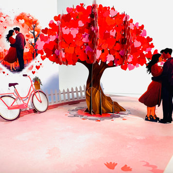 Couple in Love under a Hot Pink Love Heart Cherry Blossom Tree 3D POP UP GREETING CARD - Created by Origami Pop Cards Australian Design & Handmade 3D Pop Up Magical Paper Cards, Handmade Pop Up Cards Celebrate Love Anniversary Heart Fell and Romantic