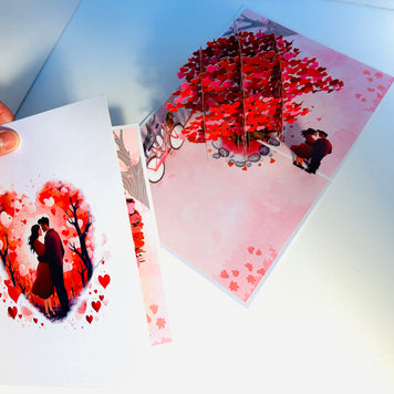 Couple in Love under a Hot Pink Love Heart Cherry Blossom Tree 3D POP UP GREETING CARD - Created by Origami Pop Cards Australian Design & Handmade 3D Pop Up Magical Paper Cards, Handmade Pop Up Cards Celebrate Love Anniversary Heart Fell and Romantic