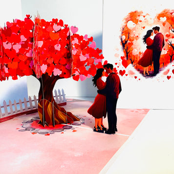 Couple in Love under a Hot Pink Love Heart Cherry Blossom Tree 3D POP UP GREETING CARD - Created by Origami Pop Cards Australian Design & Handmade 3D Pop Up Magical Paper Cards, Handmade Pop Up Cards Celebrate Love Anniversary Heart Fell and Romantic
