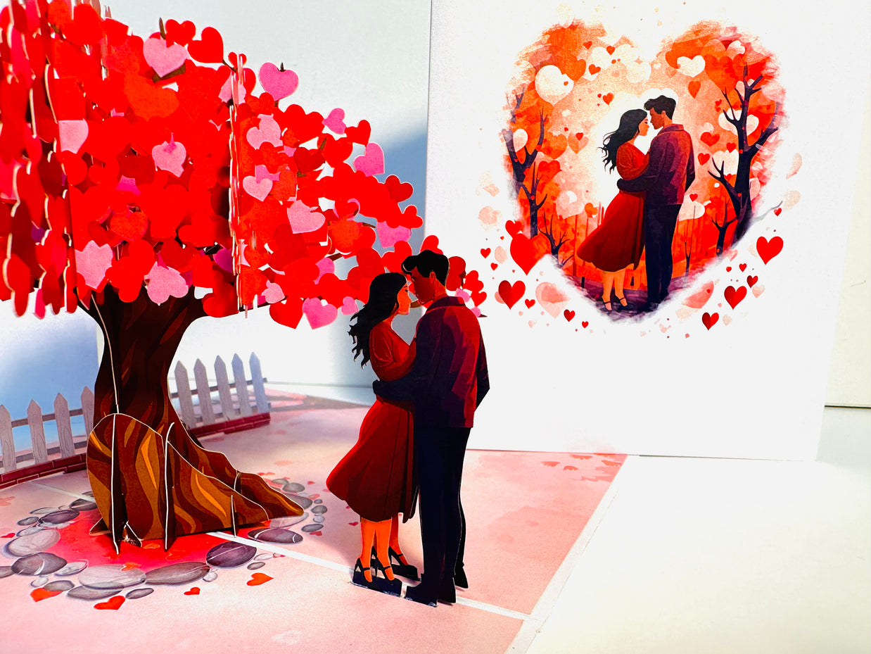 Couple in Love under a Hot Pink Love Heart Cherry Blossom Tree 3D POP UP GREETING CARD - Created by Origami Pop Cards Australian Design & Handmade 3D Pop Up Magical Paper Cards, Handmade Pop Up Cards Celebrate Love Anniversary Heart Fell and Romantic