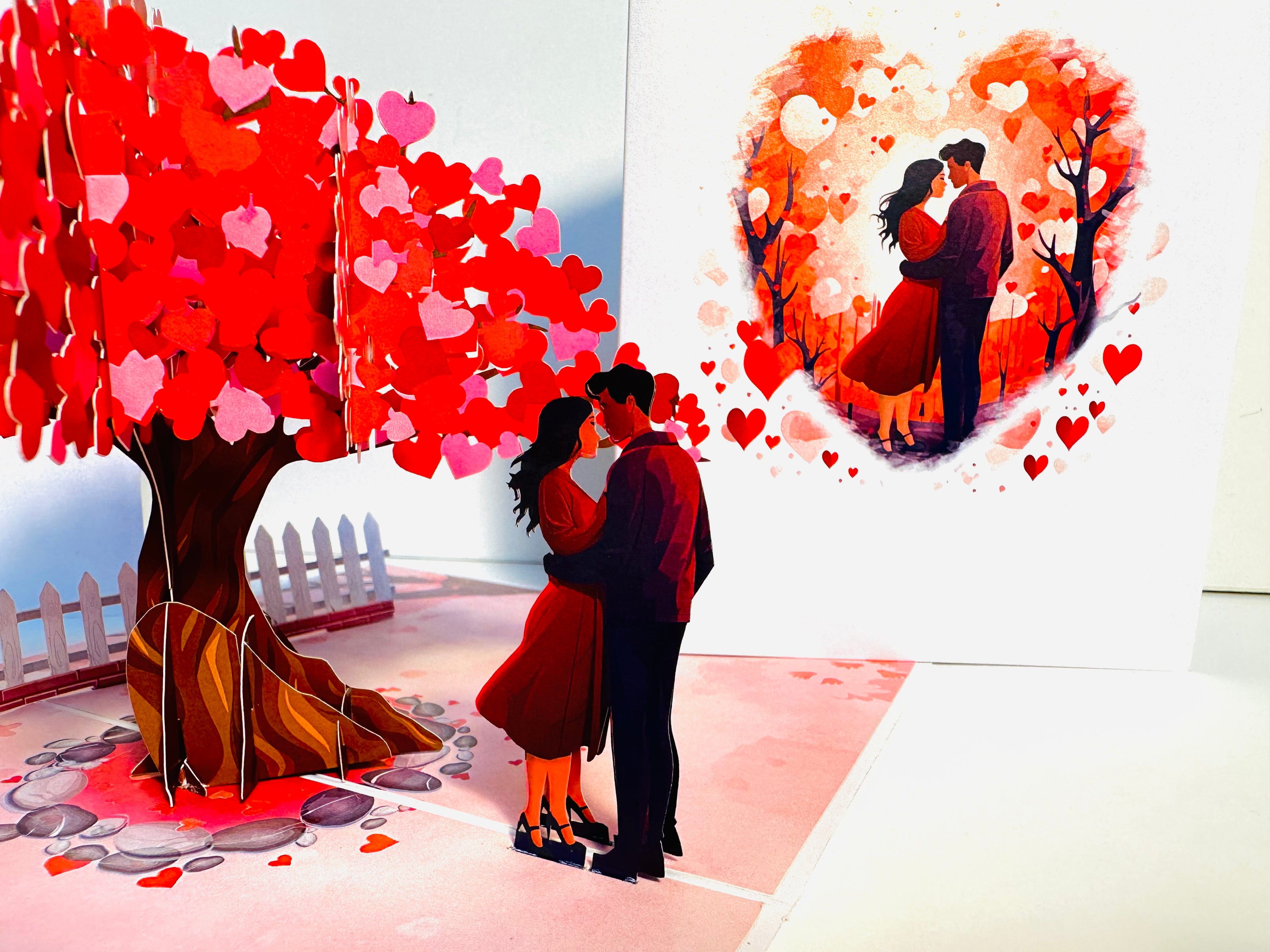 Couple in Love under a Hot Pink Love Heart Cherry Blossom Tree 3D POP UP GREETING CARD - Created by Origami Pop Cards Australian Design & Handmade 3D Pop Up Magical Paper Cards, Handmade Pop Up Cards Celebrate Love Anniversary Heart Fell and Romantic