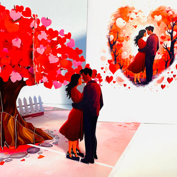 Couple in Love under a Hot Pink Love Heart Cherry Blossom Tree 3D POP UP GREETING CARD - Created by Origami Pop Cards Australian Design & Handmade 3D Pop Up Magical Paper Cards, Handmade Pop Up Cards Celebrate Love Anniversary Heart Fell and Romantic