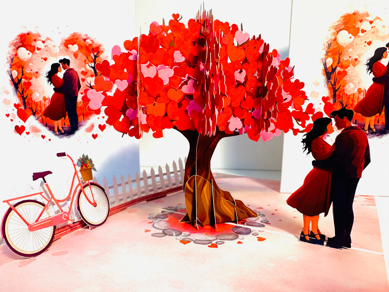 Couple in Love under a Hot Pink Love Heart Cherry Blossom Tree 3D POP UP GREETING CARD - Created by Origami Pop Cards Australian Design & Handmade 3D Pop Up Magical Paper Cards, Handmade Pop Up Cards Celebrate Love Anniversary Heart Fell and Romantic