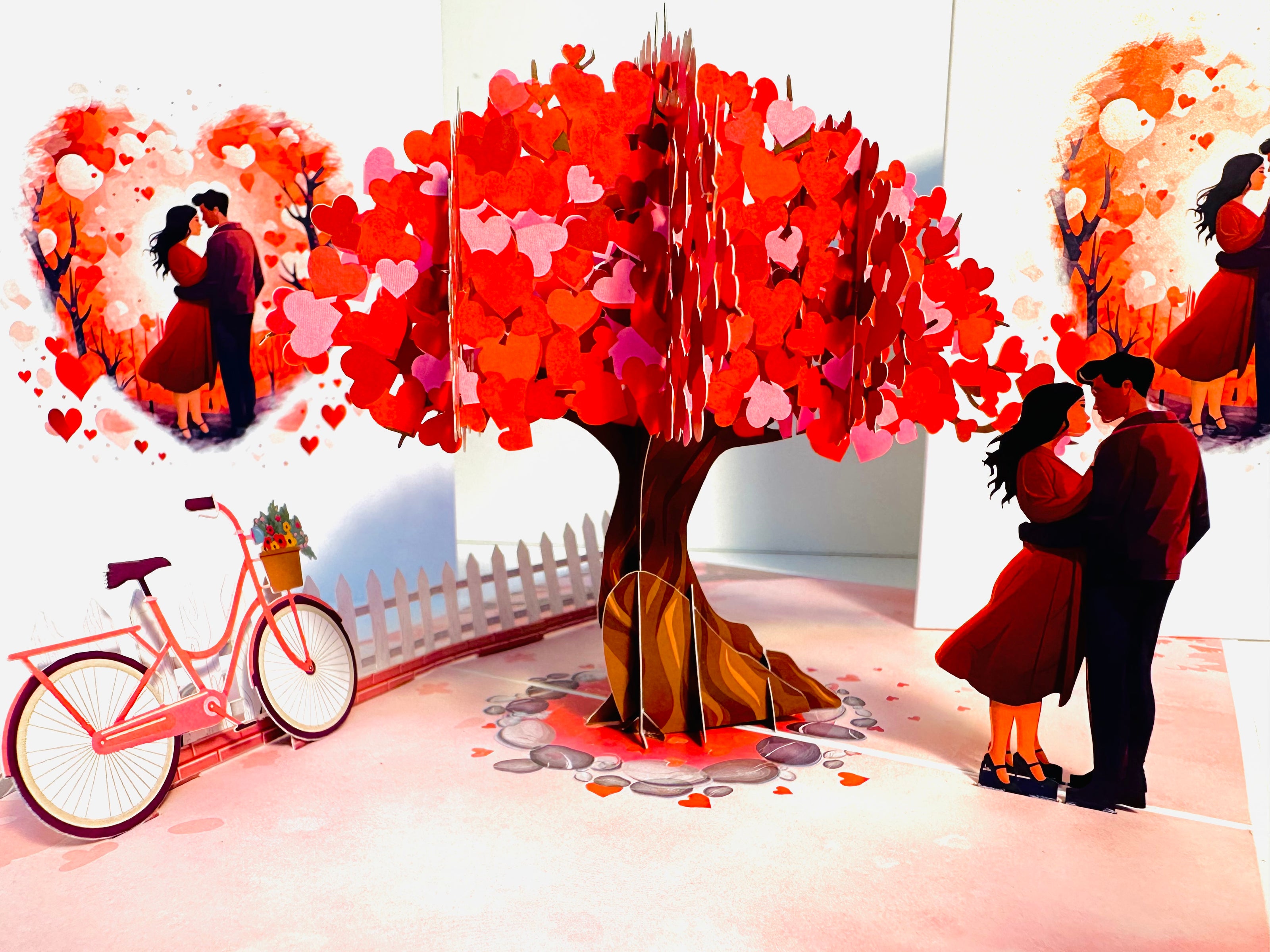 Couple in Love under a Hot Pink Love Heart Cherry Blossom Tree 3D POP UP GREETING CARD - Created by Origami Pop Cards Australian Design & Handmade 3D Pop Up Magical Paper Cards, Handmade Pop Up Cards Celebrate Love Anniversary Heart Fell and Romantic