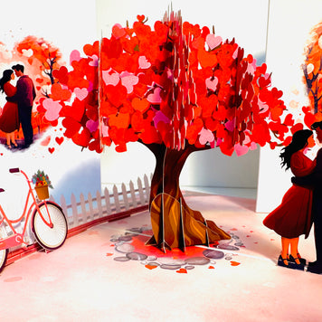 Couple in Love under a Hot Pink Love Heart Cherry Blossom Tree 3D POP UP GREETING CARD - Created by Origami Pop Cards Australian Design & Handmade 3D Pop Up Magical Paper Cards, Handmade Pop Up Cards Celebrate Love Anniversary Heart Fell and Romantic
