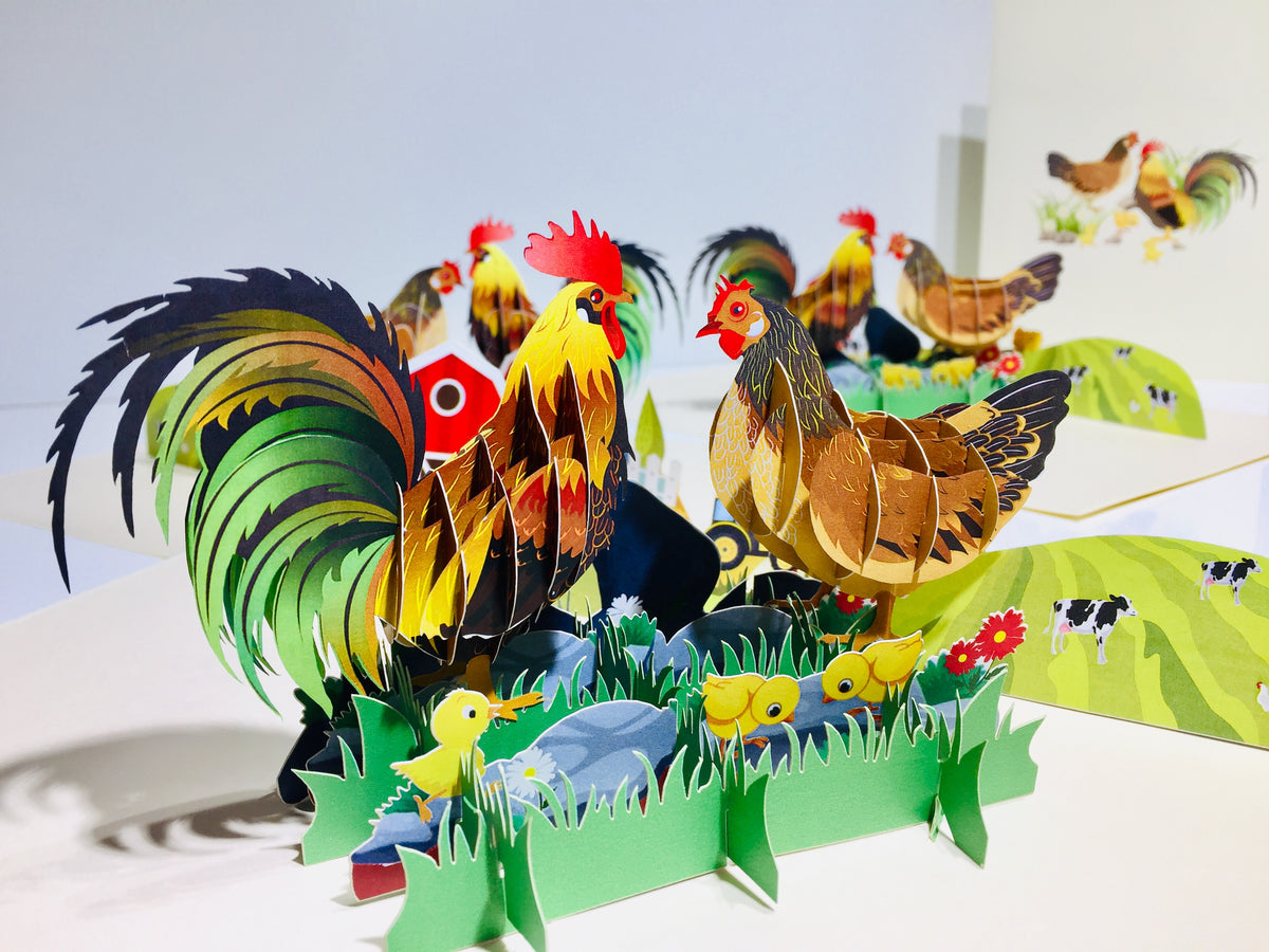 Cute Chicken Family Colourful Rooster & Hen Origami Pop Cards 3D Pop Up Greeting Card Thank You Handmade Gift Thinking of You Happy Birthday Occasion Australiana Celebrate the Beauty and Happiness During Special Day Best Wishes Gift