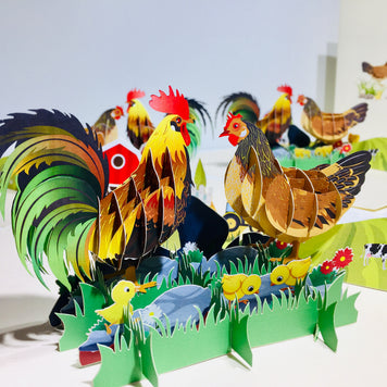 Cute Chicken Family Colourful Rooster & Hen Origami Pop Cards 3D Pop Up Greeting Card Thank You Handmade Gift Thinking of You Happy Birthday Occasion Australiana Celebrate the Beauty and Happiness During Special Day Best Wishes Gift