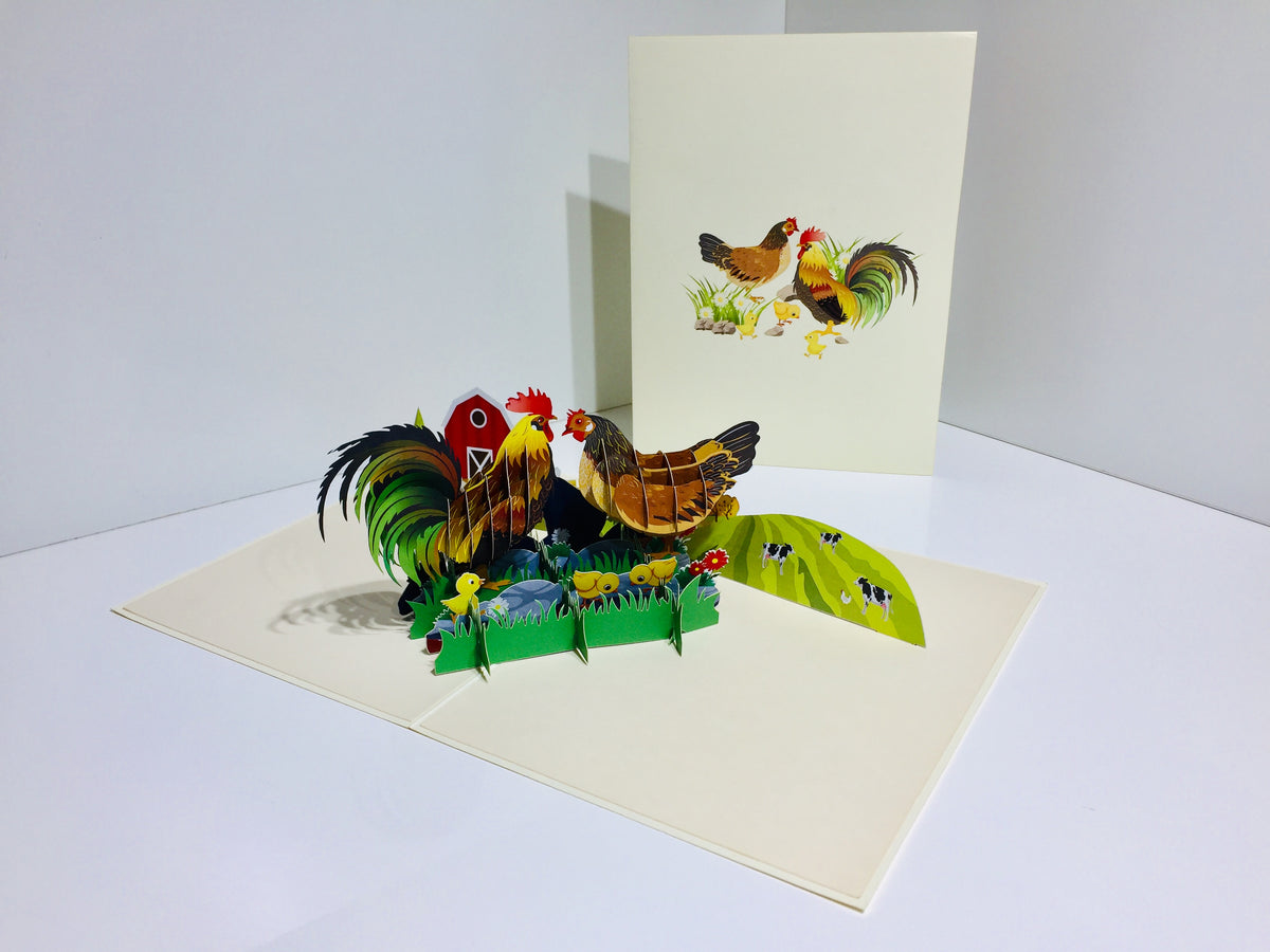 Cute Chicken Family Colourful Rooster & Hen Origami Pop Cards 3D Pop Up Greeting Card Thank You Handmade Gift Thinking of You Happy Birthday Occasion Australiana Celebrate the Beauty and Happiness During Special Day Best Wishes Gift