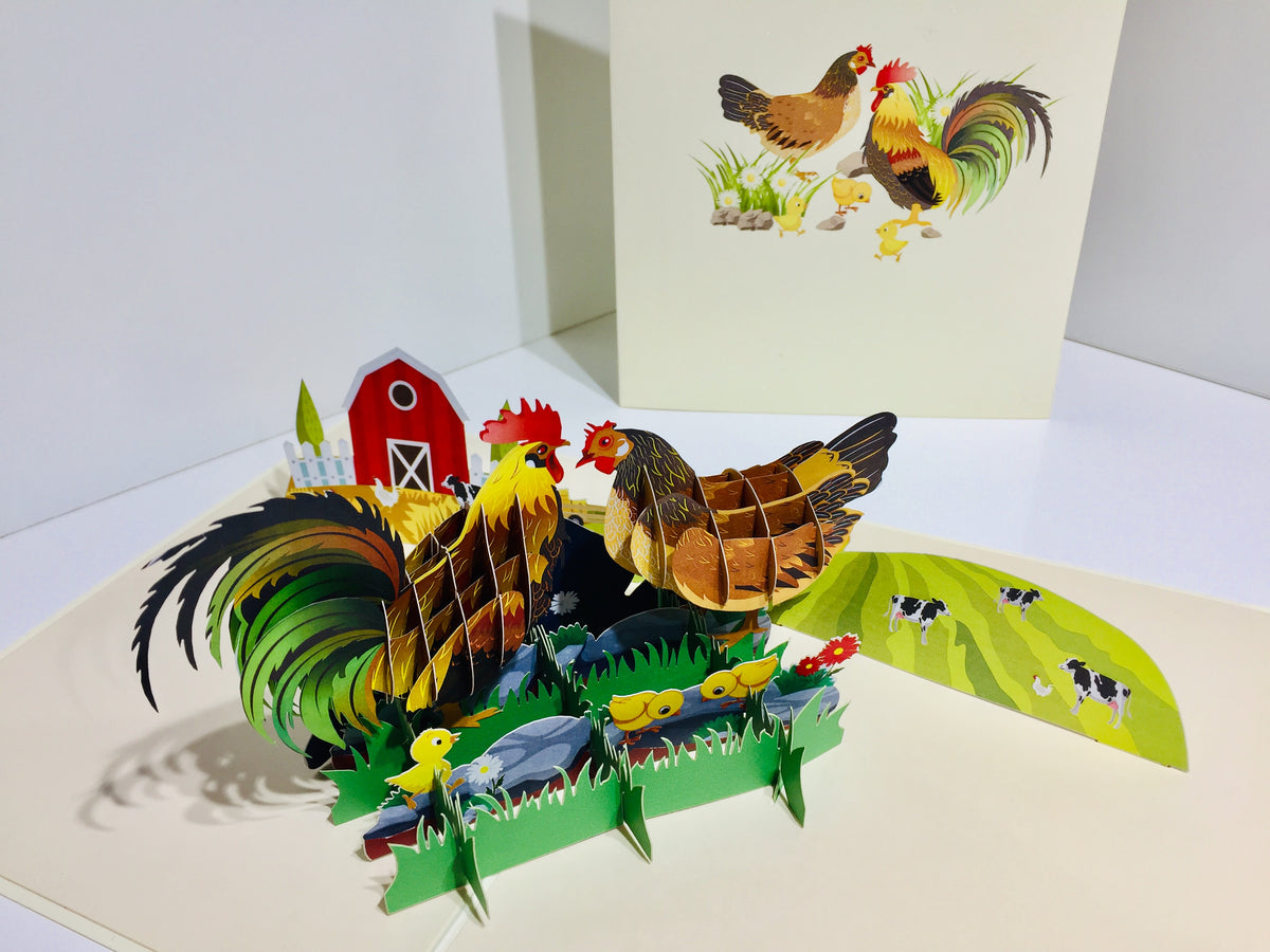Cute Chicken Family Colourful Rooster & Hen Origami Pop Cards 3D Pop Up Greeting Card Thank You Handmade Gift Thinking of You Happy Birthday Occasion Australiana Celebrate the Beauty and Happiness During Special Day Best Wishes Gift