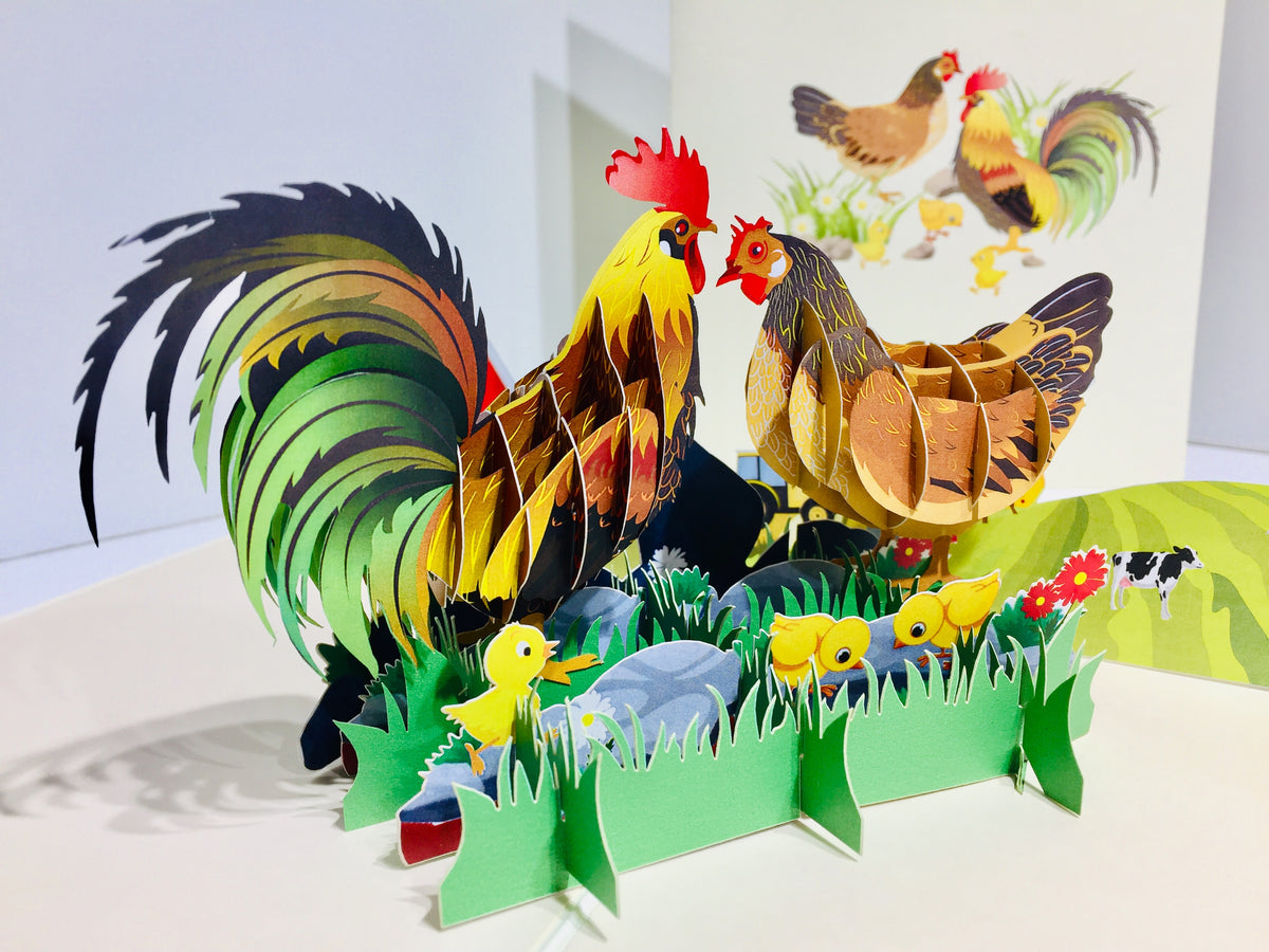 Cute Chicken Family Colourful Rooster & Hen Origami Pop Cards 3D Pop Up Greeting Card Thank You Handmade Gift Thinking of You Happy Birthday Occasion Australiana Celebrate the Beauty and Happiness During Special Day Best Wishes Gift