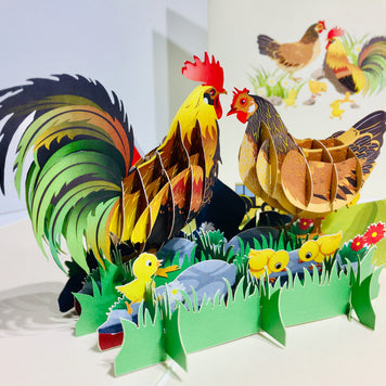 Cute Chicken Family Colourful Rooster & Hen Origami Pop Cards 3D Pop Up Greeting Card Thank You Handmade Gift Thinking of You Happy Birthday Occasion Australiana Celebrate the Beauty and Happiness During Special Day Best Wishes Gift