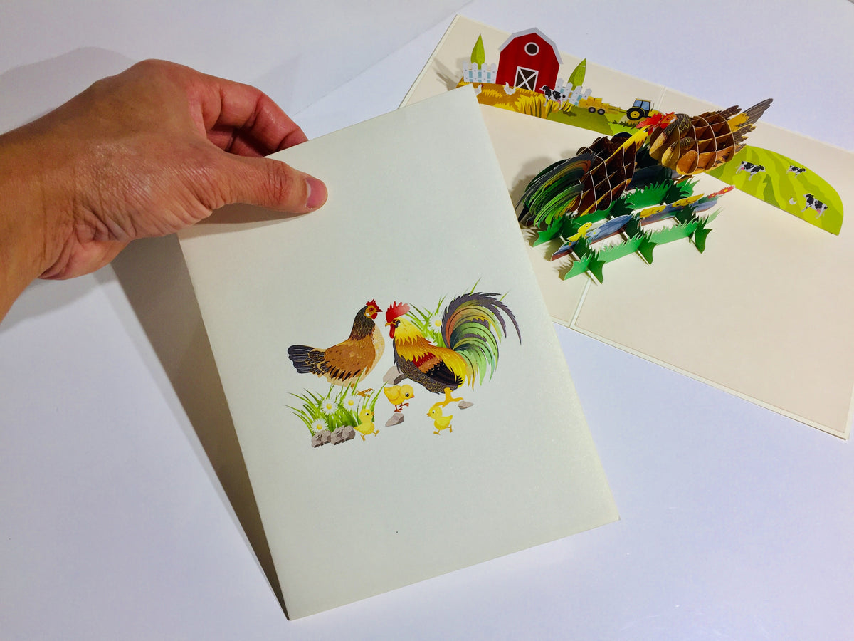 Cute Chicken Family Colourful Rooster & Hen Origami Pop Cards 3D Pop Up Greeting Card Thank You Handmade Gift Thinking of You Happy Birthday Occasion Australiana Celebrate the Beauty and Happiness During Special Day Best Wishes Gift