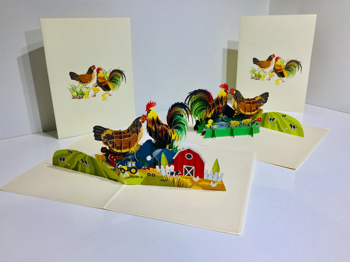 Cute Chicken Family Colourful Rooster & Hen Origami Pop Cards 3D Pop Up Greeting Card Thank You Handmade Gift Thinking of You Happy Birthday Occasion Australiana Celebrate the Beauty and Happiness During Special Day Best Wishes Gift