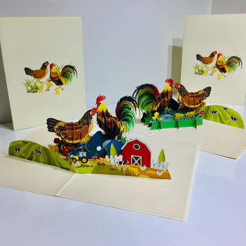 Cute Chicken Family Colourful Rooster & Hen Origami Pop Cards 3D Pop Up Greeting Card Thank You Handmade Gift Thinking of You Happy Birthday Occasion Australiana Celebrate the Beauty and Happiness During Special Day Best Wishes Gift