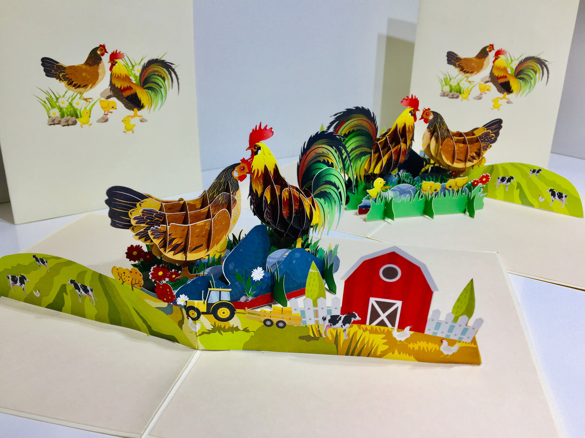 Cute Chicken Family Colourful Rooster & Hen Origami Pop Cards 3D Pop Up Greeting Card Thank You Handmade Gift Thinking of You Happy Birthday Occasion Australiana Celebrate the Beauty and Happiness During Special Day Best Wishes Gift