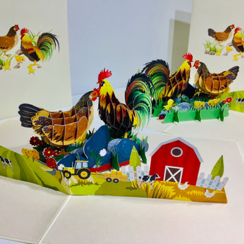 Cute Chicken Family Colourful Rooster & Hen Origami Pop Cards 3D Pop Up Greeting Card Thank You Handmade Gift Thinking of You Happy Birthday Occasion Australiana Celebrate the Beauty and Happiness During Special Day Best Wishes Gift