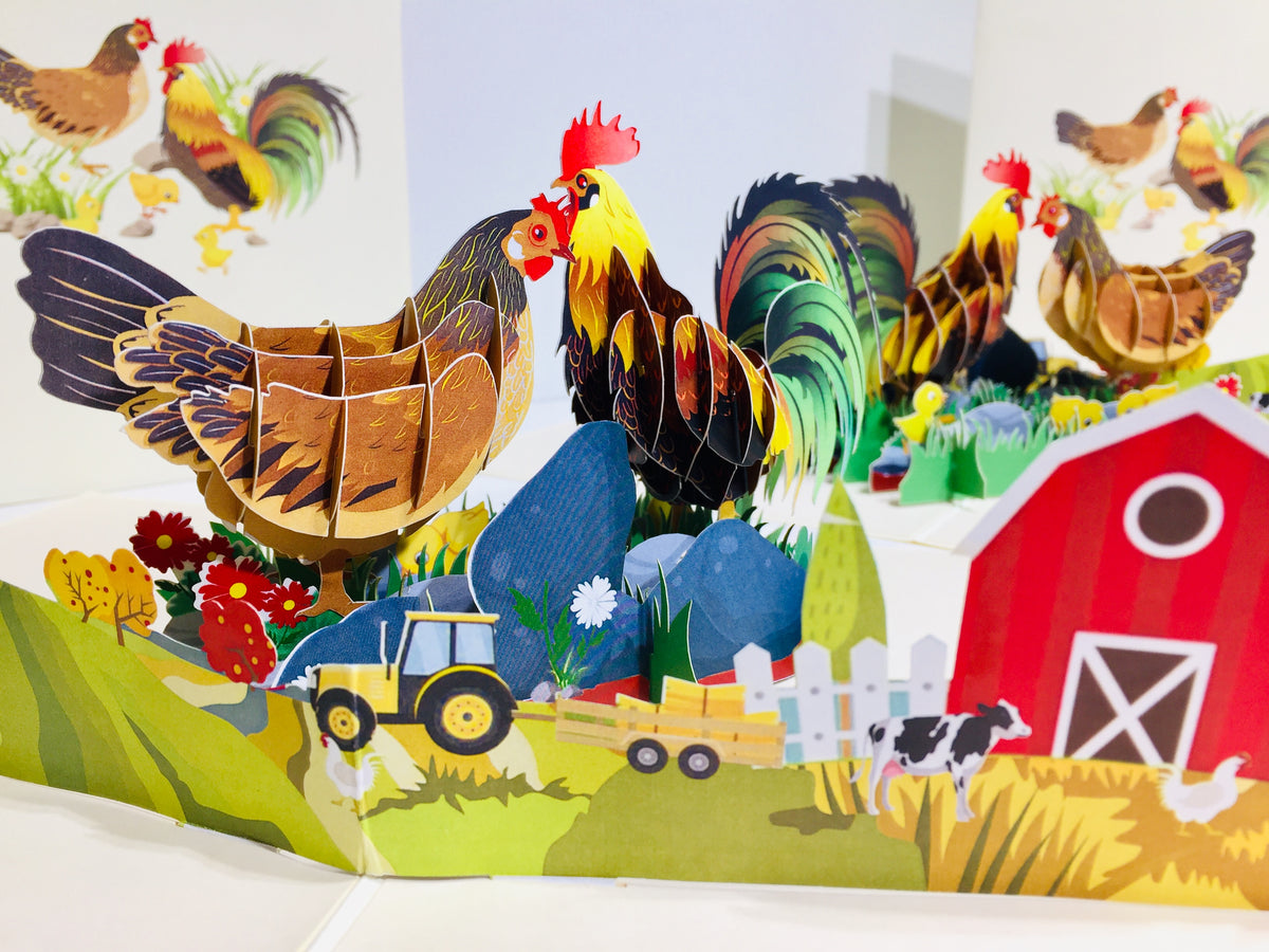 Cute Chicken Family Colourful Rooster & Hen Origami Pop Cards 3D Pop Up Greeting Card Thank You Handmade Gift Thinking of You Happy Birthday Occasion Australiana Celebrate the Beauty and Happiness During Special Day Best Wishes Gift