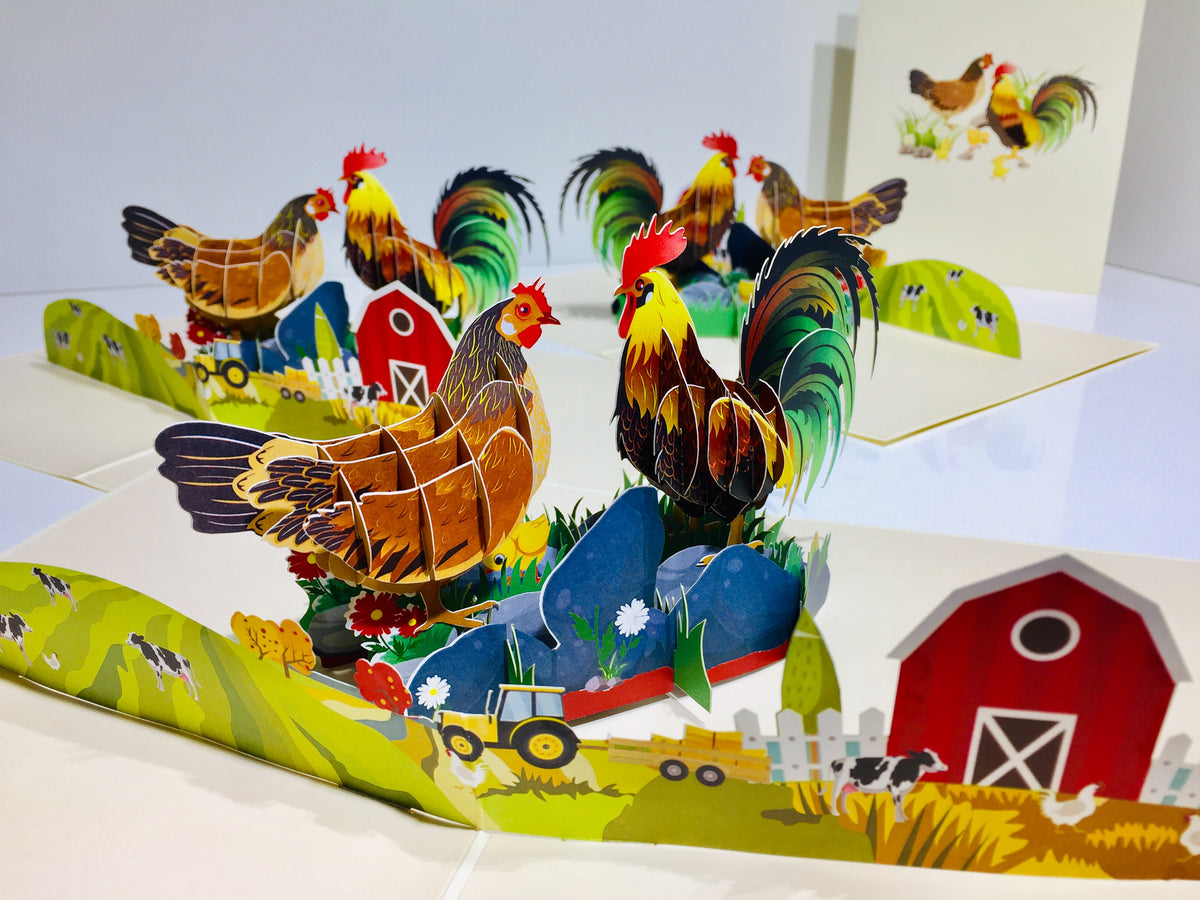 Cute Chicken Family Colourful Rooster & Hen Origami Pop Cards 3D Pop Up Greeting Card Thank You Handmade Gift Thinking of You Happy Birthday Occasion Australiana Celebrate the Beauty and Happiness During Special Day Best Wishes Gift