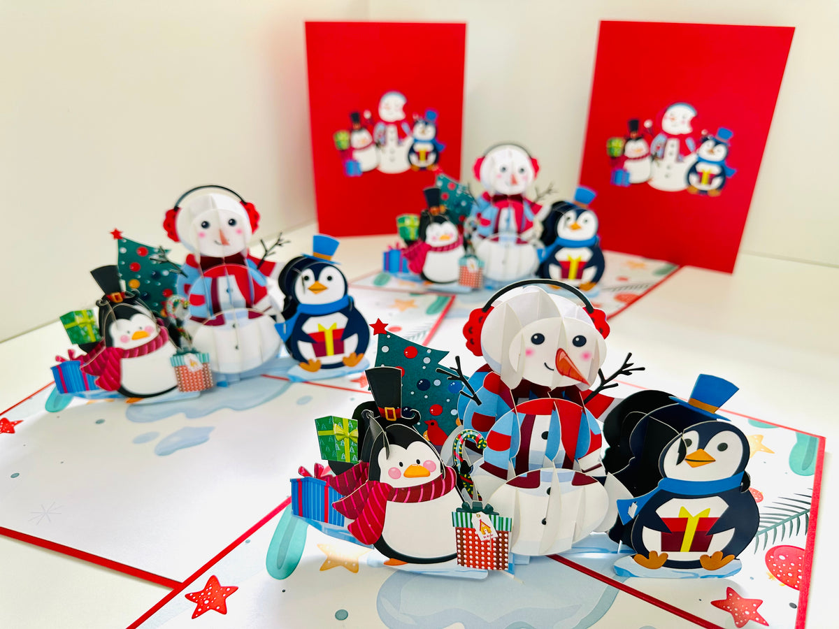 Cute Snowman & Penguins Origami Pop Cards 3D Pop Up Greeting Card Merry Christmas Thank You Handmade Best Wishes Blank Card Gift Happy Holidays Celebrate the Special Day Moment with Family and Friends