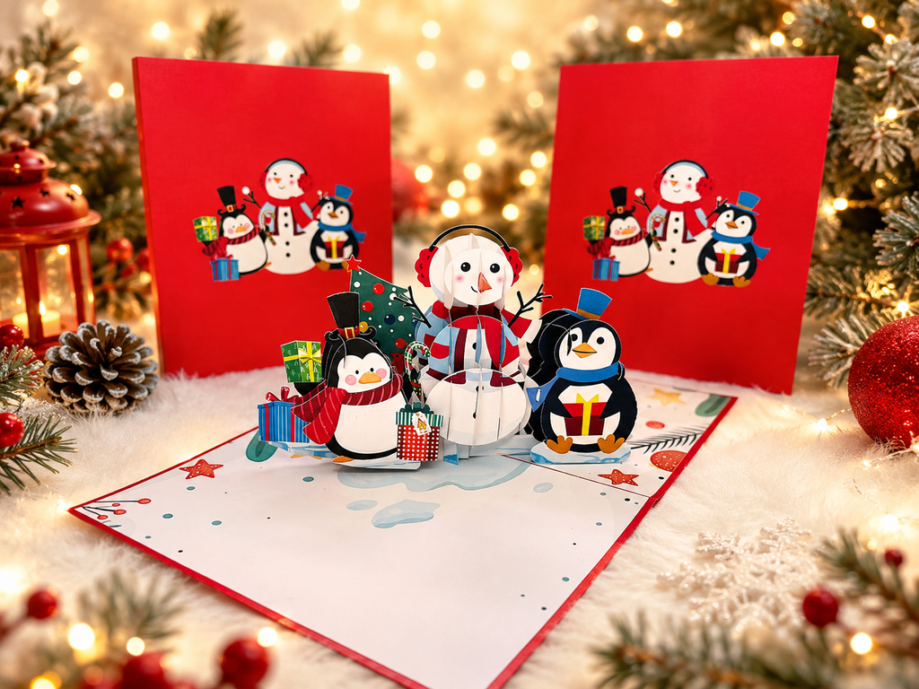 Cute Snowman & Penguins Origami Pop Cards 3D Pop Up Greeting Card Merry Christmas Thank You Handmade Best Wishes Blank Card Gift Happy Holidays Celebrate the Special Day Moment with Family and Friends